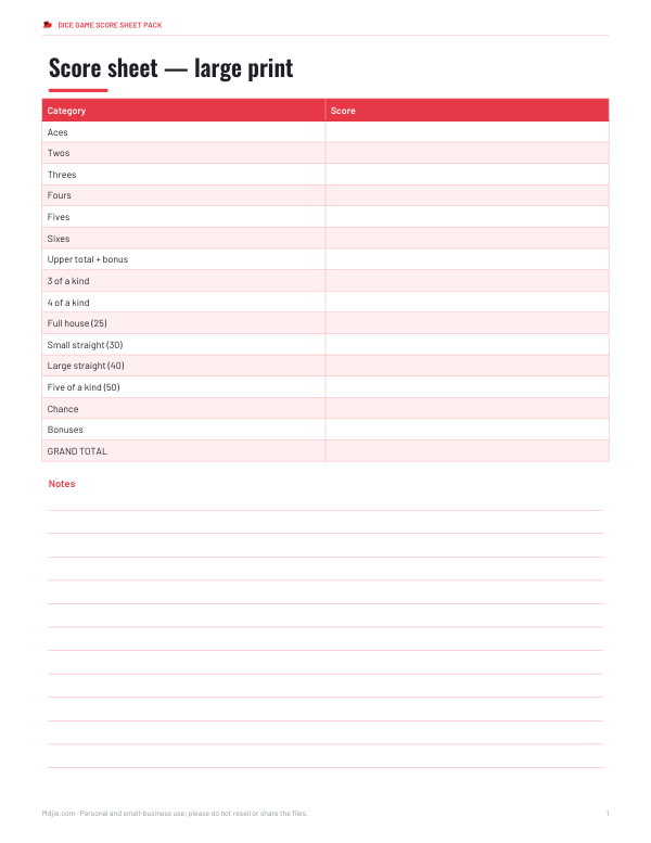 Preview of Large Print Yahtzee Score Sheet