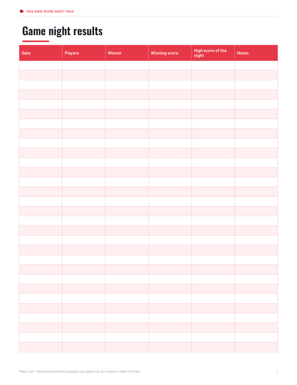 Preview of Printable Yahtzee Results Log