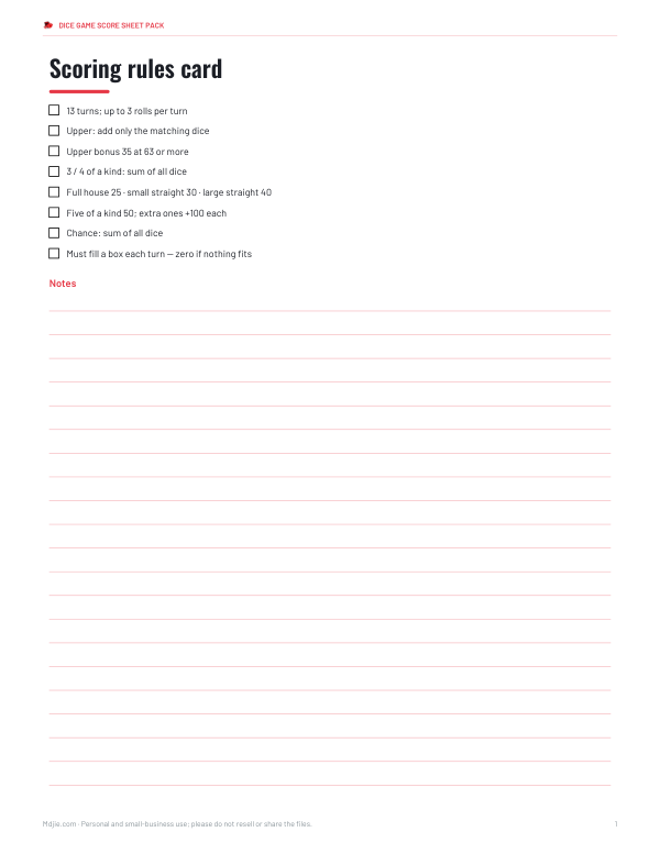 Preview of Printable Yahtzee Rules Card
